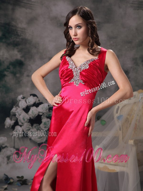 Sexy Coral Red Evening Dress Column V-neck Beading and Ruched