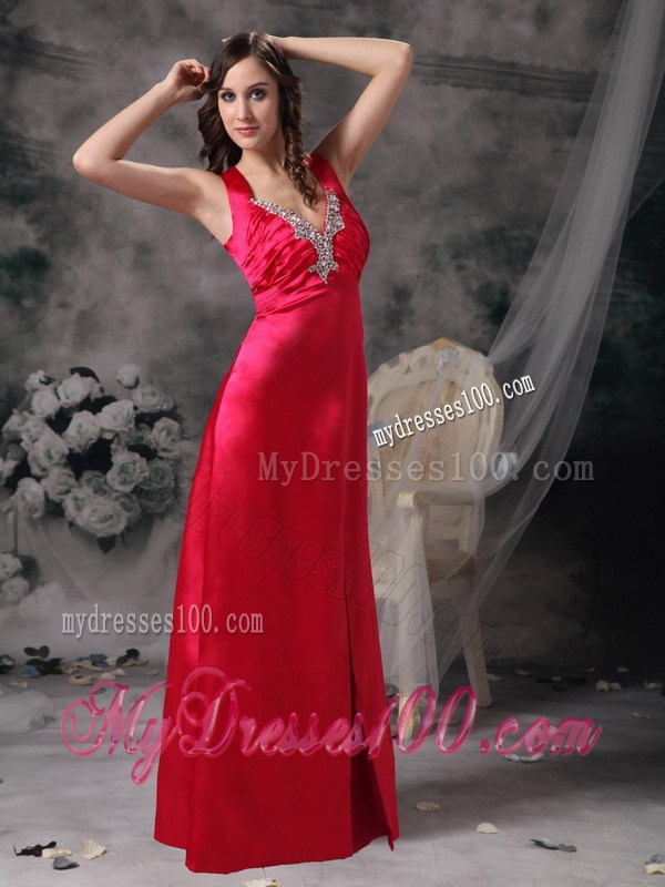Sexy Coral Red Evening Dress Column V-neck Beading and Ruched