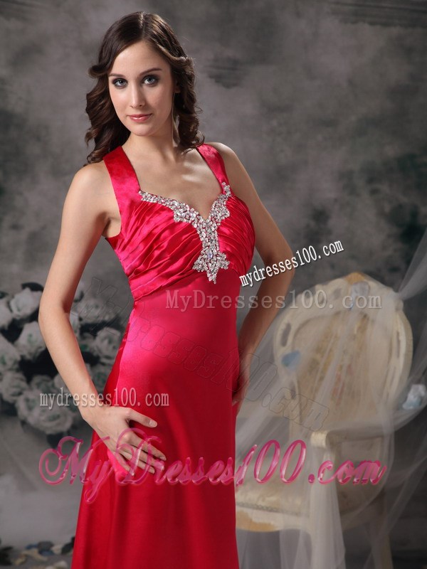 Sexy Coral Red Evening Dress Column V-neck Beading and Ruched