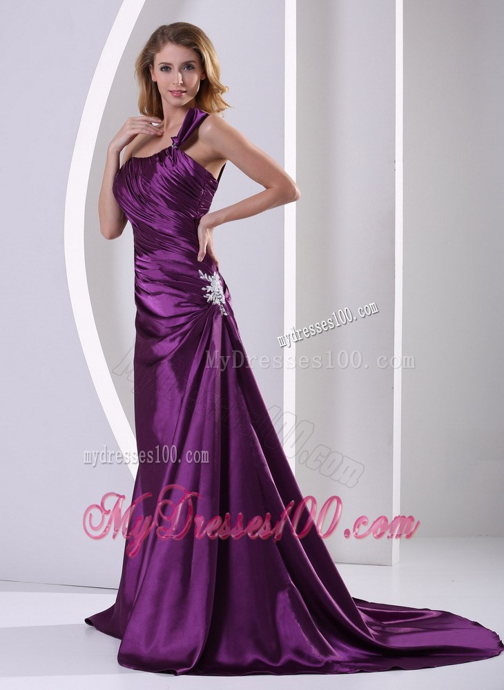 Eggplant Purple One Shoulder Formal Evening Dress With Ruches