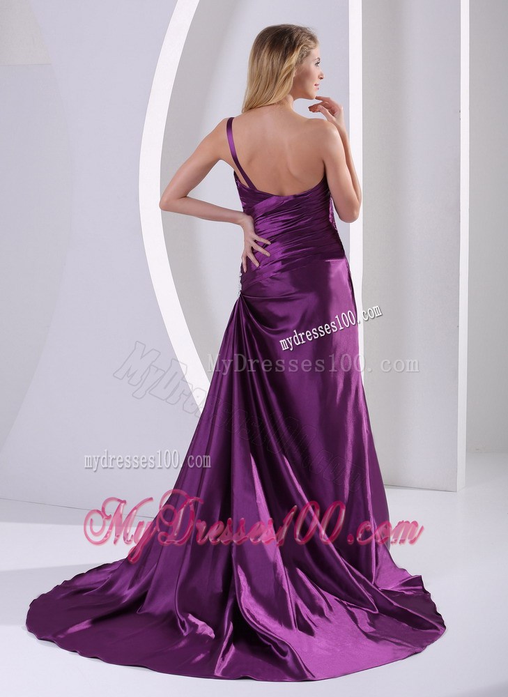 Eggplant Purple One Shoulder Formal Evening Dress With Ruches