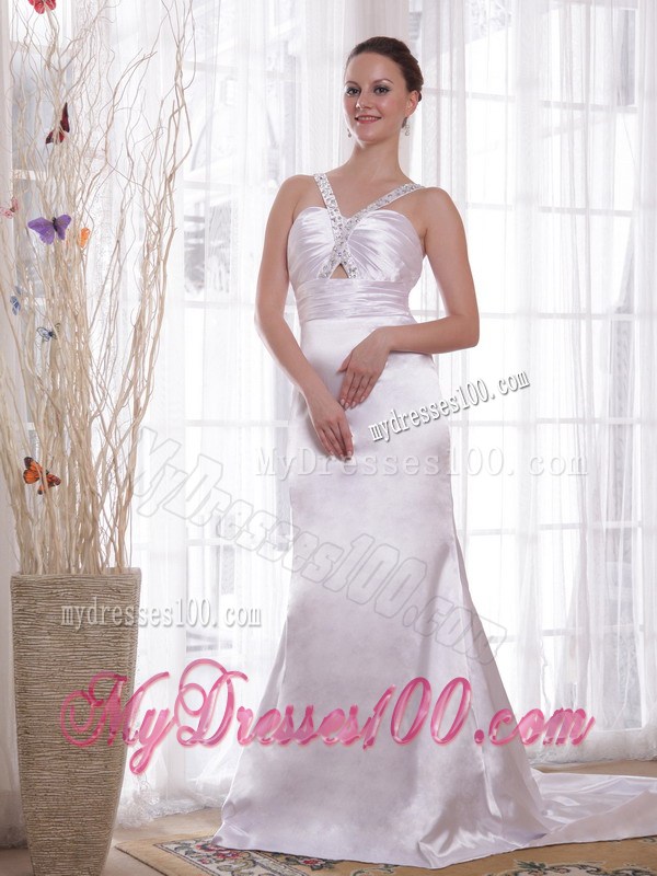 Ivory Column Sheath V-neck Court Train Beading and Ruching Evening Dress