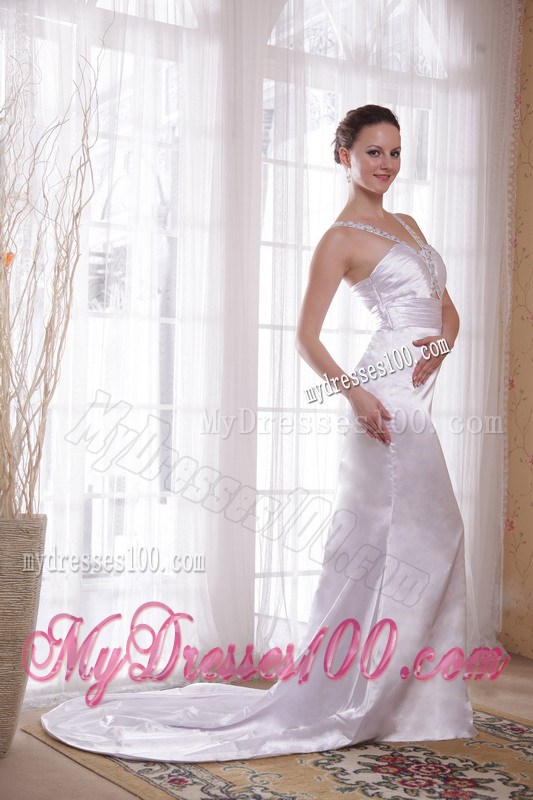 Ivory Column Sheath V-neck Court Train Beading and Ruching Evening Dress