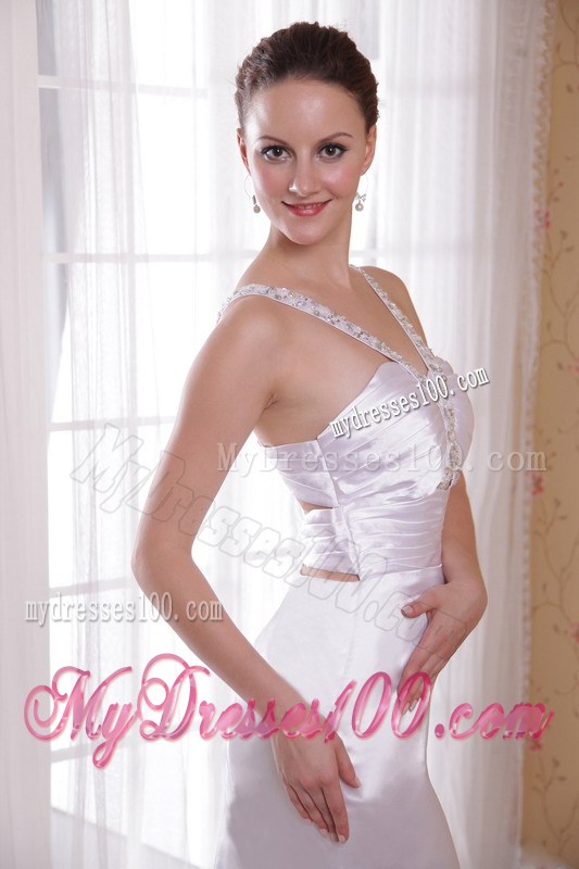 Ivory Column Sheath V-neck Court Train Beading and Ruching Evening Dress