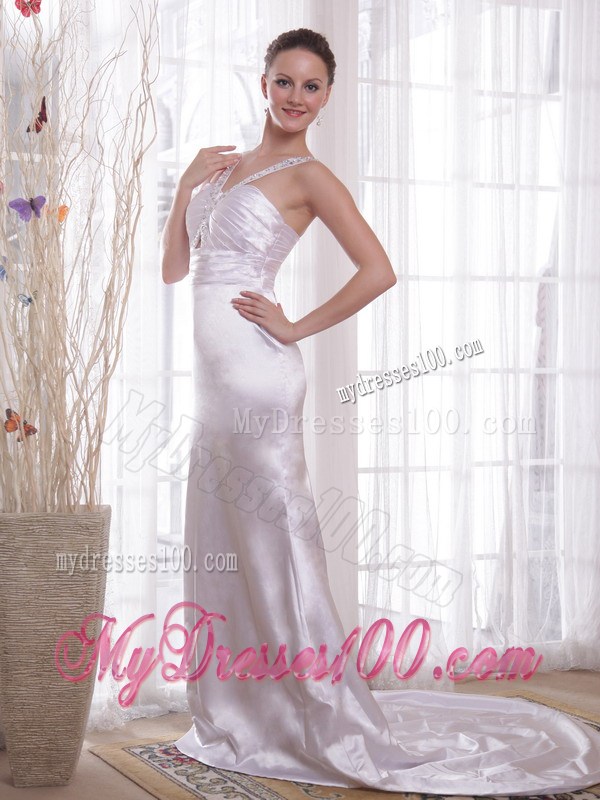 Ivory Column Sheath V-neck Court Train Beading and Ruching Evening Dress
