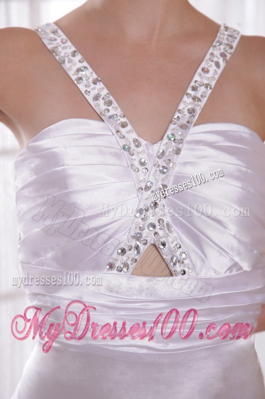 Ivory Column Sheath V-neck Court Train Beading and Ruching Evening Dress