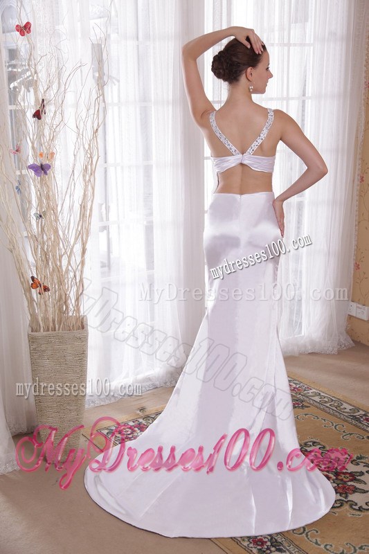 Ivory Column Sheath V-neck Court Train Beading and Ruching Evening Dress