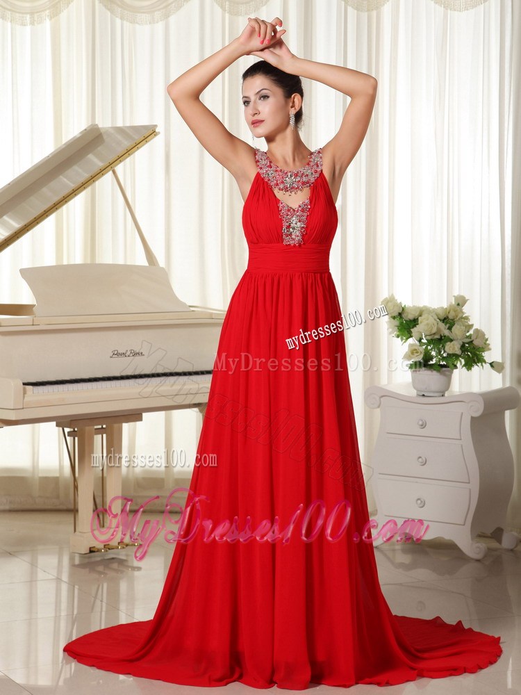Beaded Decorate Scoop Red Evening Dress Modest Brush Train For Custom Made