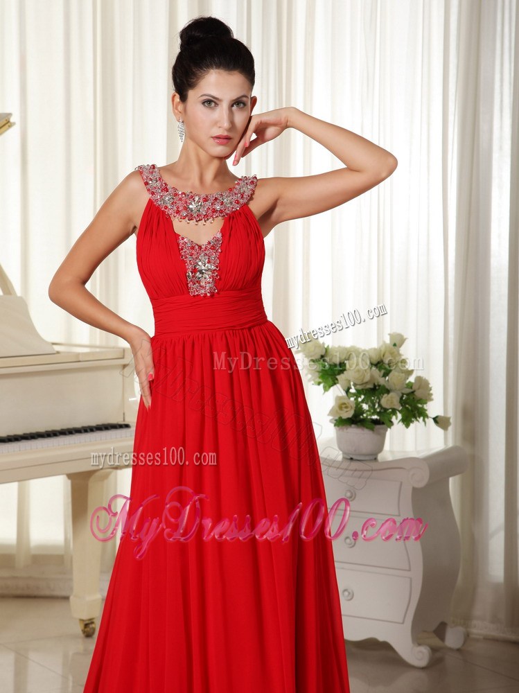 Beaded Decorate Scoop Red Evening Dress Modest Brush Train For Custom Made