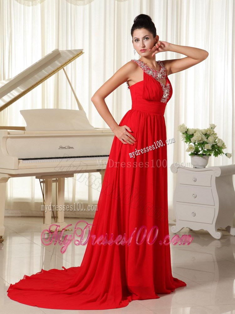 Beaded Decorate Scoop Red Evening Dress Modest Brush Train For Custom Made
