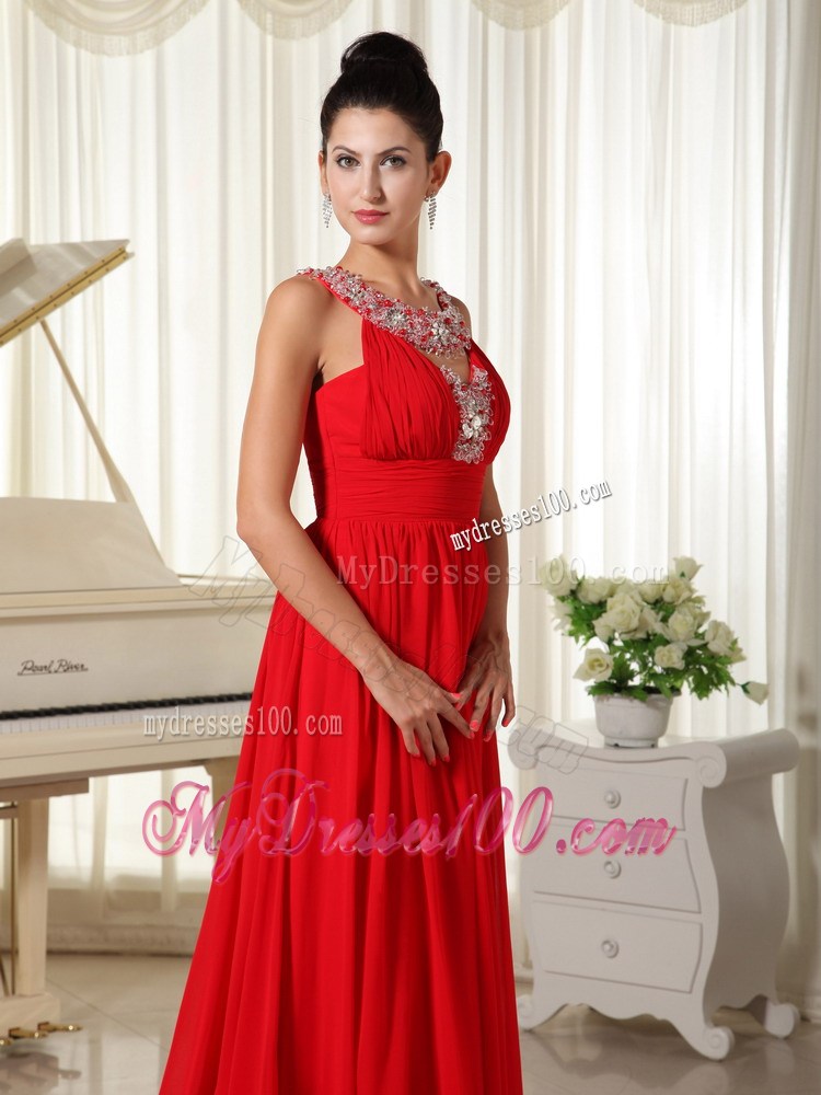 Beaded Decorate Scoop Red Evening Dress Modest Brush Train For Custom Made