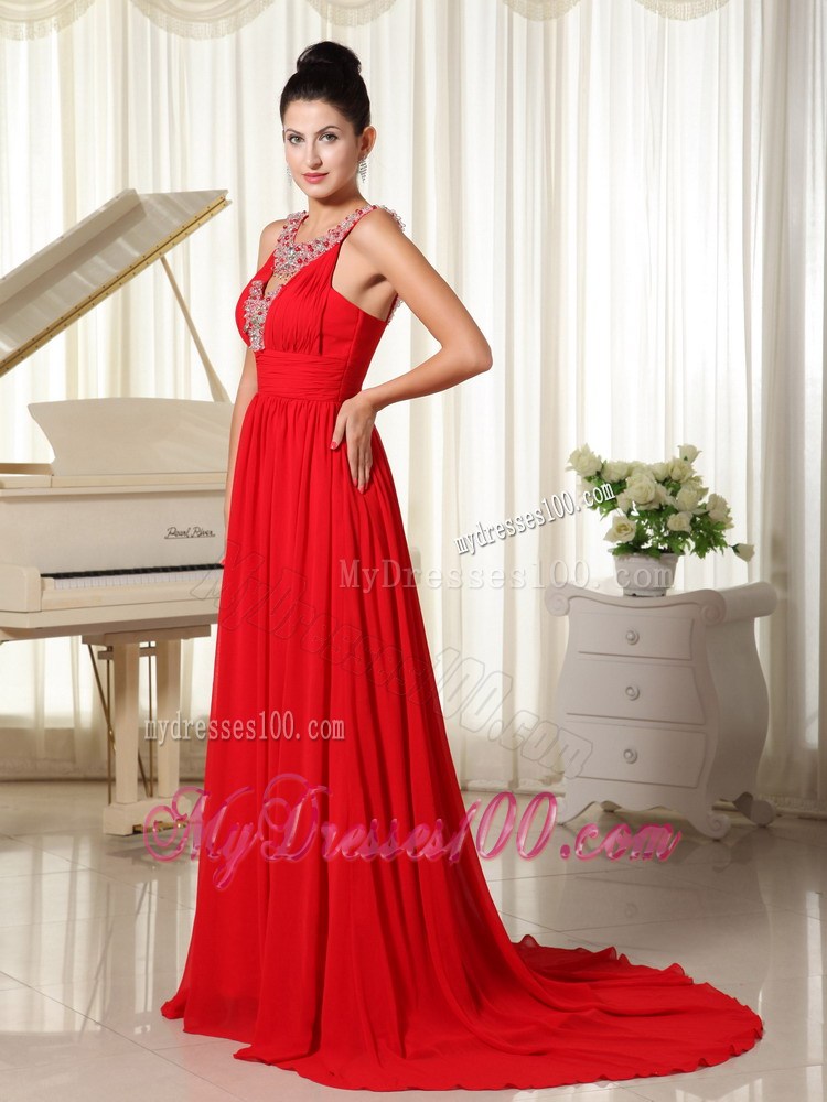 Beaded Decorate Scoop Red Evening Dress Modest Brush Train For Custom Made