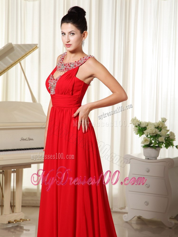 Beaded Decorate Scoop Red Evening Dress Modest Brush Train For Custom Made