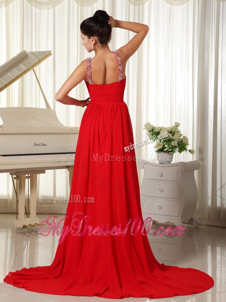 Beaded Decorate Scoop Red Evening Dress Modest Brush Train For Custom Made