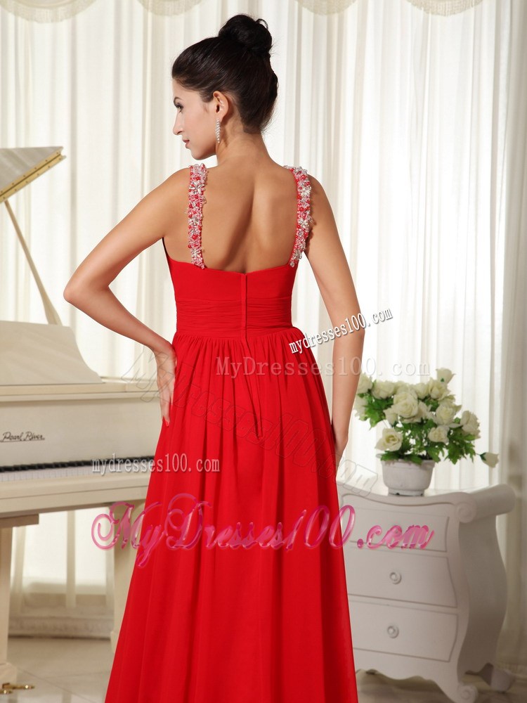 Beaded Decorate Scoop Red Evening Dress Modest Brush Train For Custom Made
