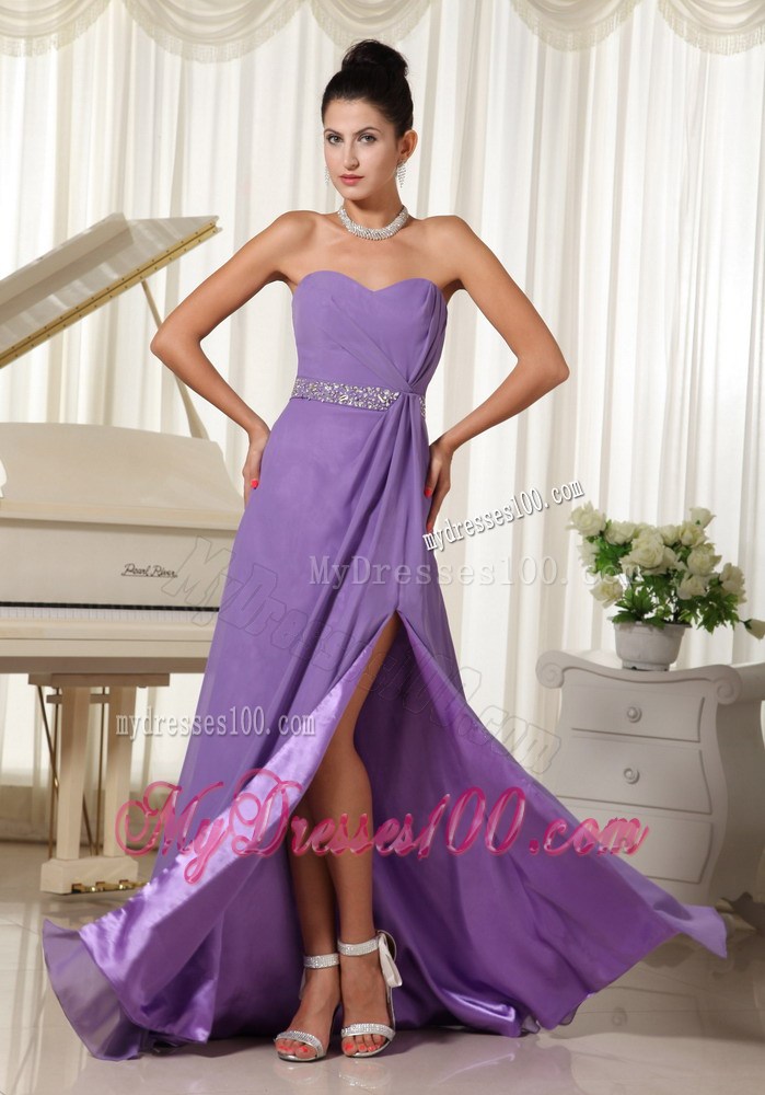 Lilac High Slit With Beaded Decorate Waist Sweetheart Customer Made Prom Dress