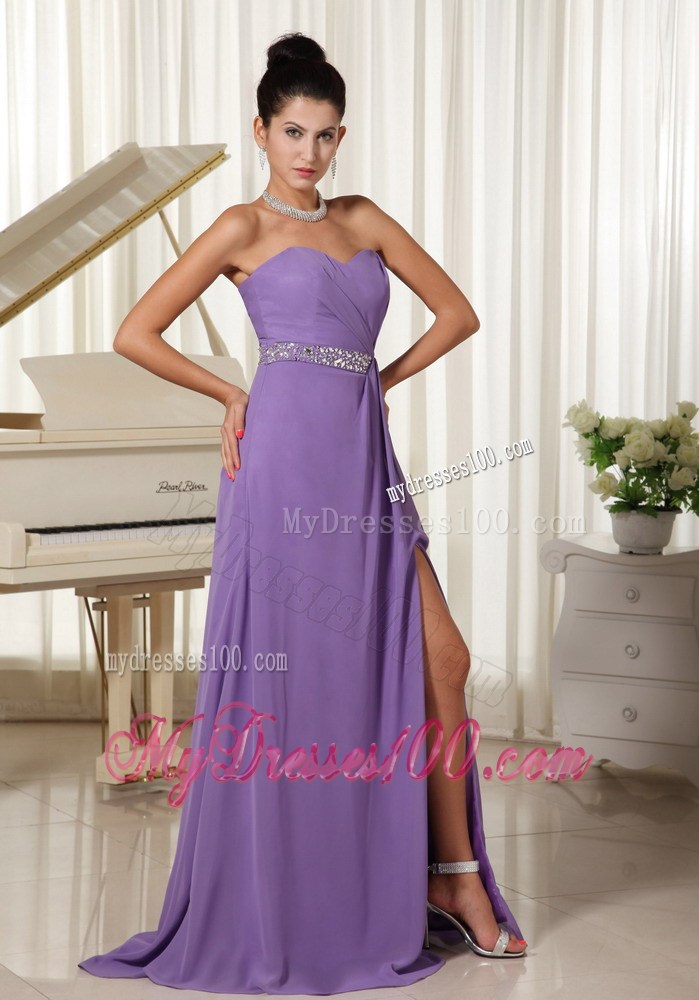 Lilac High Slit With Beaded Decorate Waist Sweetheart Customer Made Prom Dress