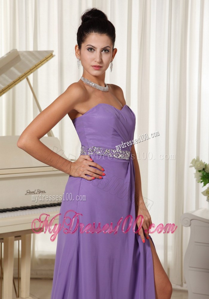 Lilac High Slit With Beaded Decorate Waist Sweetheart Customer Made Prom Dress