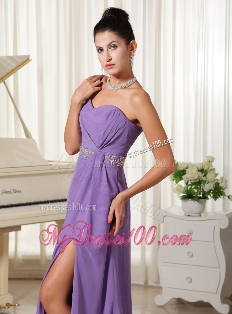 Lilac High Slit With Beaded Decorate Waist Sweetheart Customer Made Prom Dress