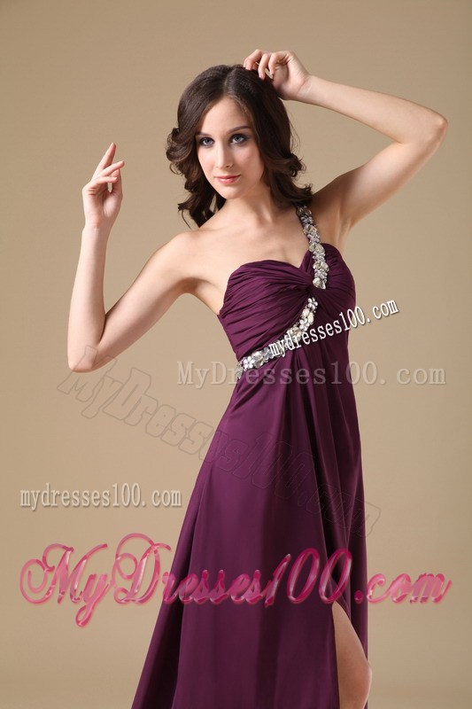 Elegant Dark Purple Empire One Shoulder Prom Dress with Beading