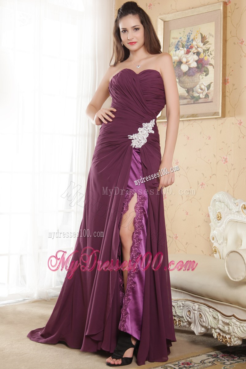 Dark Purple Column Sweetheart Evening Dresses Appliques Brush Train