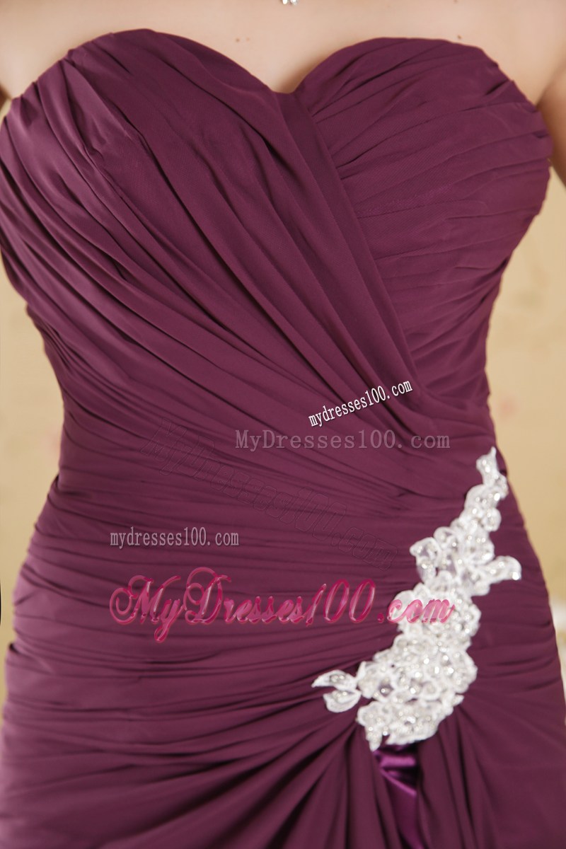 Dark Purple Column Sweetheart Evening Dresses Appliques Brush Train