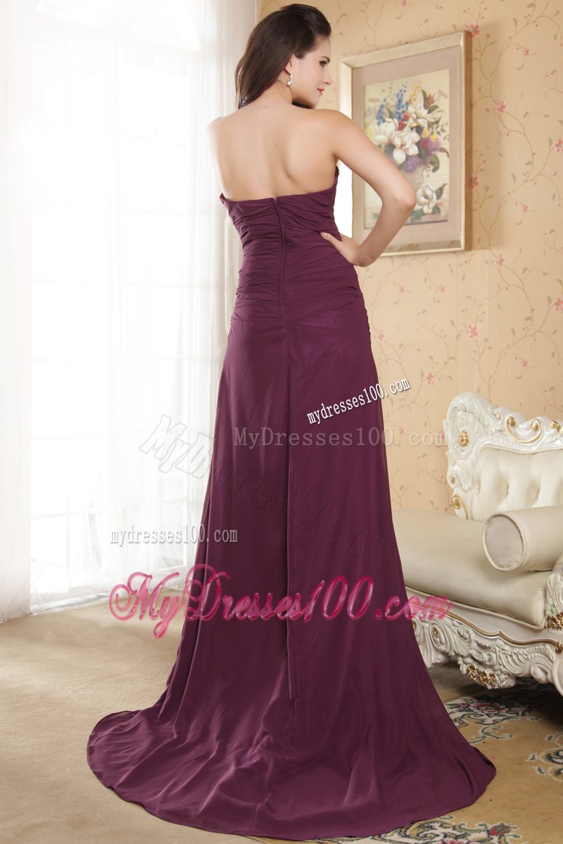 Dark Purple Column Sweetheart Evening Dresses Appliques Brush Train