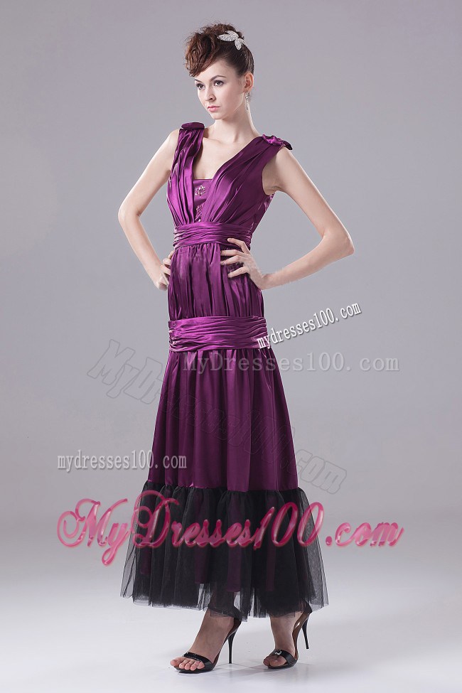Eggplant Purple Foraml Evening Dresses With Ruches and Ankle-length