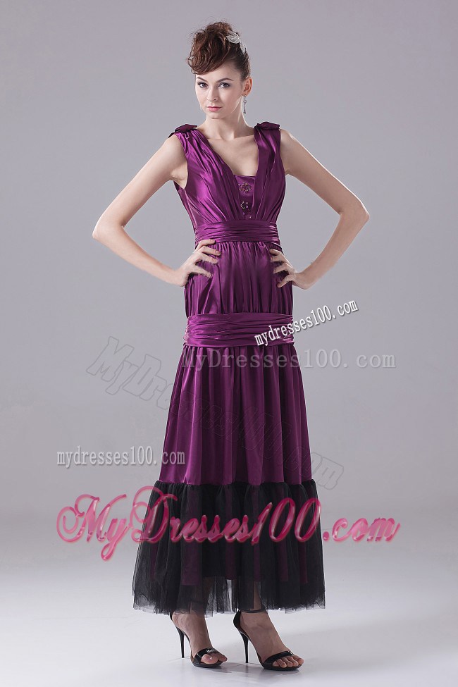 Eggplant Purple Foraml Evening Dresses With Ruches and Ankle-length