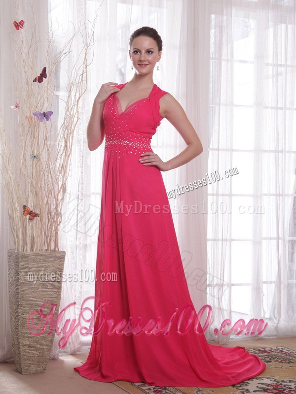 Coral Red Empire V-neck BrushSweep Beading Prom Evening Dress