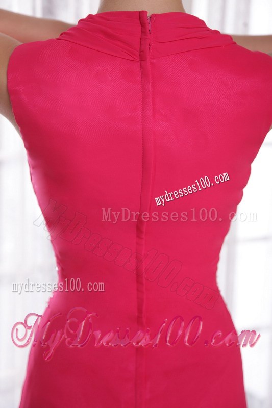 Coral Red Empire V-neck BrushSweep Beading Prom Evening Dress