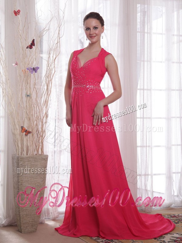 Coral Red Empire V-neck BrushSweep Beading Prom Evening Dress