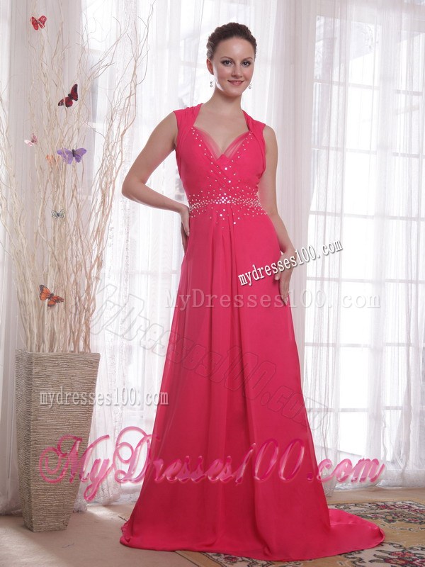 Coral Red Empire V-neck BrushSweep Beading Prom Evening Dress
