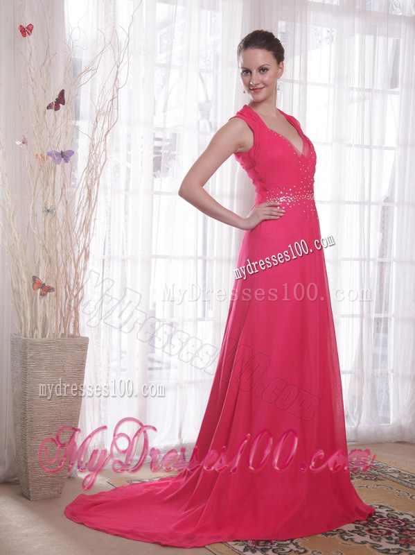 Coral Red Empire V-neck BrushSweep Beading Prom Evening Dress