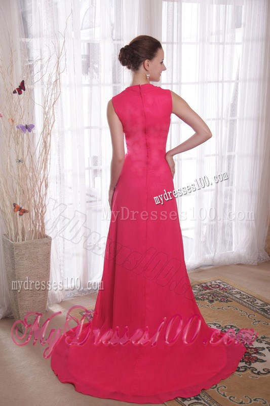 Coral Red Empire V-neck BrushSweep Beading Prom Evening Dress