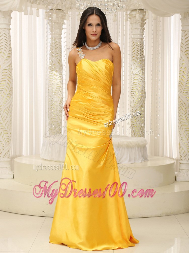 Appliques Decorate One Shoulder Ruched Bodice Prom Dress Custom Made