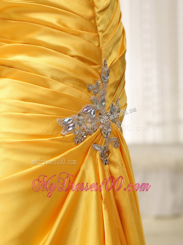 Appliques Decorate One Shoulder Ruched Bodice Prom Dress Custom Made