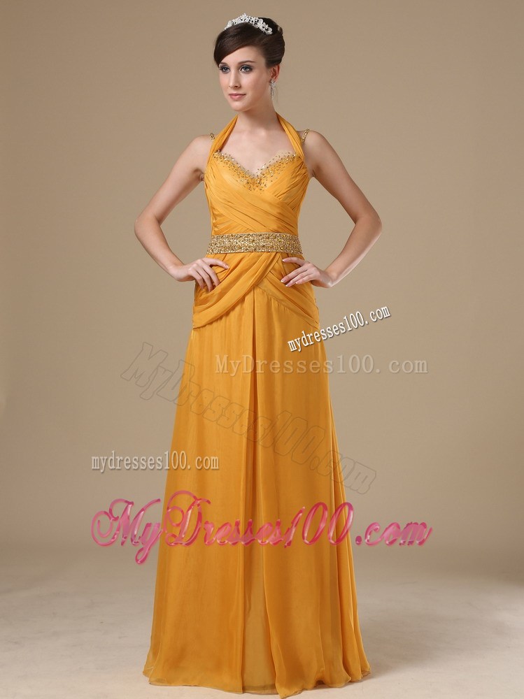 Straps Beaded Decorate Bust Waist Gold 2013 Prom Evening Dress