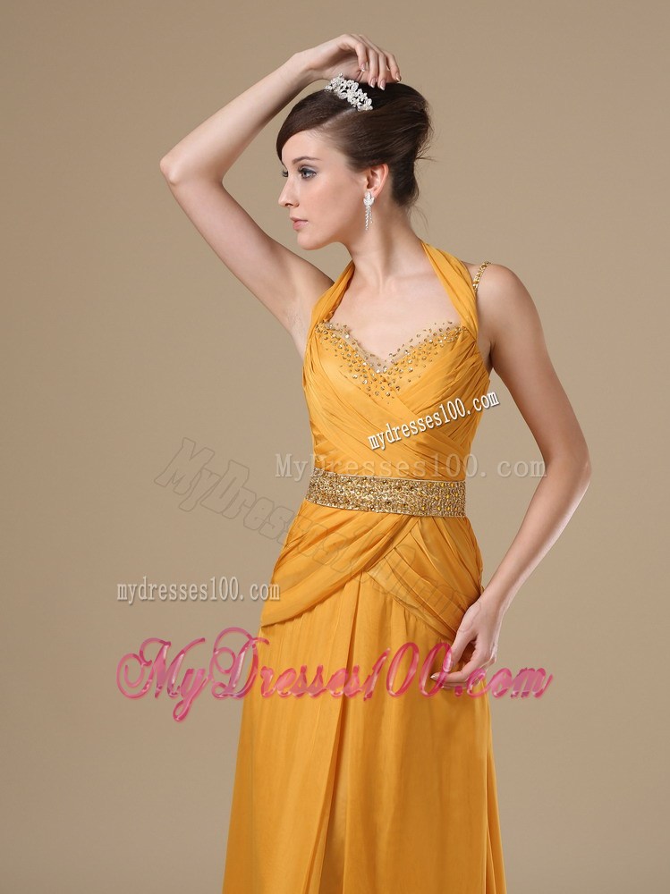 Straps Beaded Decorate Bust Waist Gold 2013 Prom Evening Dress