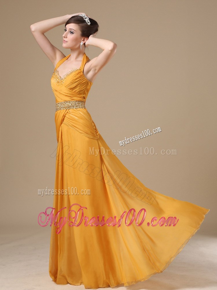 Straps Beaded Decorate Bust Waist Gold 2013 Prom Evening Dress