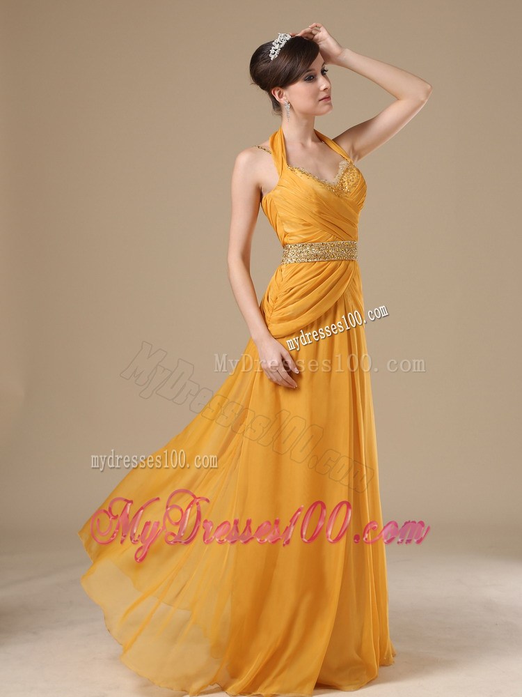 Straps Beaded Decorate Bust Waist Gold 2013 Prom Evening Dress