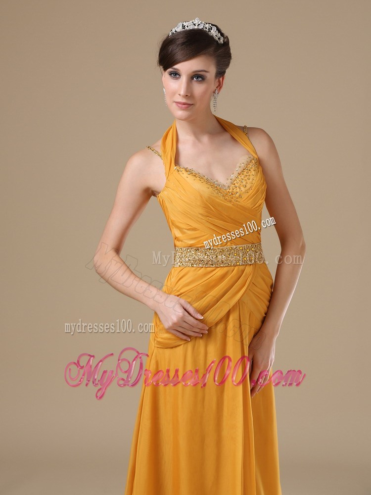 Straps Beaded Decorate Bust Waist Gold 2013 Prom Evening Dress