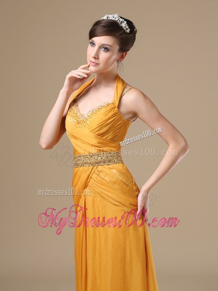 Straps Beaded Decorate Bust Waist Gold 2013 Prom Evening Dress