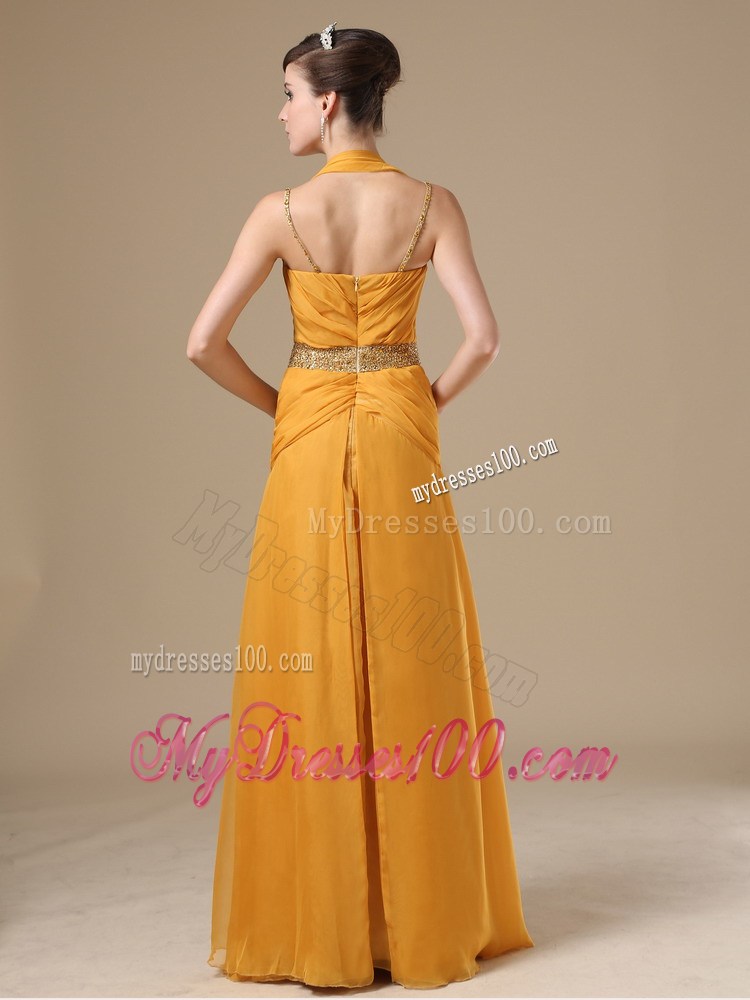 Straps Beaded Decorate Bust Waist Gold 2013 Prom Evening Dress