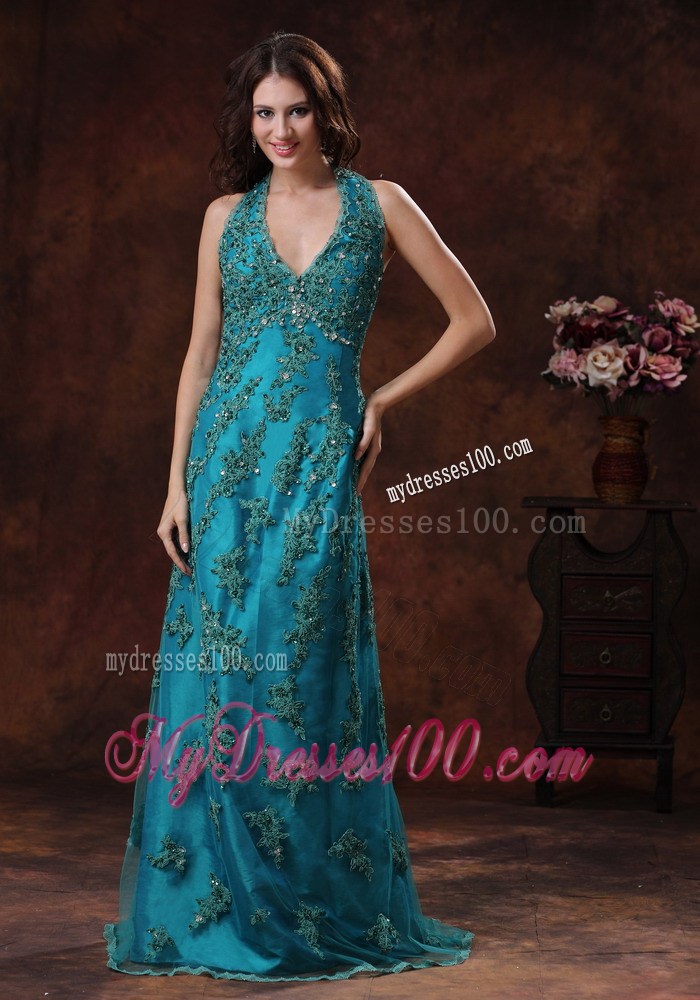 Halter Turquoise Brush Train 2013 Evening Dress With Appliques