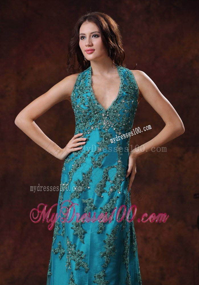 Halter Turquoise Brush Train 2013 Evening Dress With Appliques