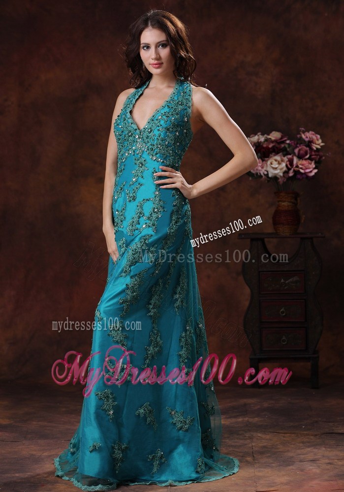Halter Turquoise Brush Train 2013 Evening Dress With Appliques