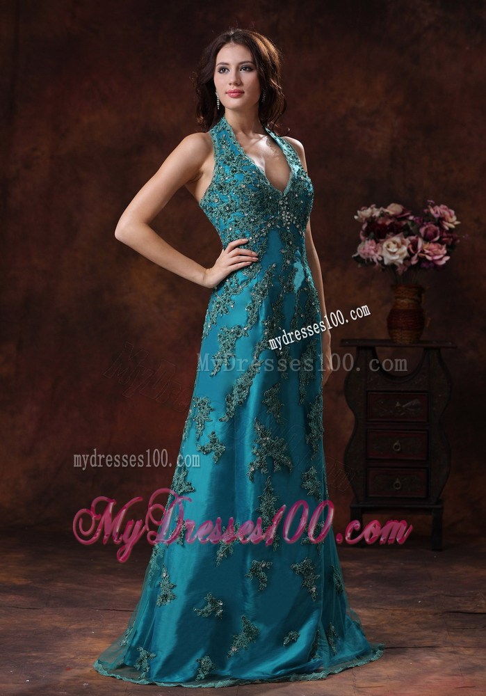 Halter Turquoise Brush Train 2013 Evening Dress With Appliques