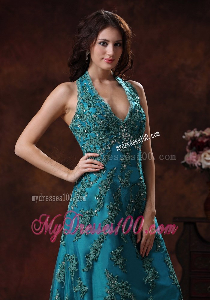 Halter Turquoise Brush Train 2013 Evening Dress With Appliques