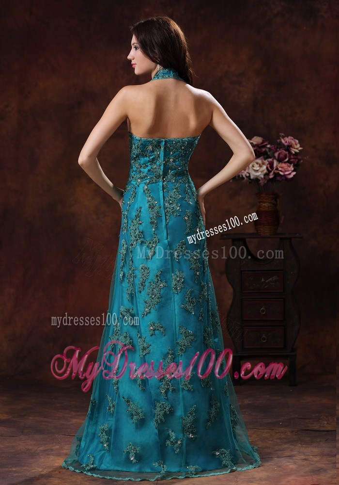 Halter Turquoise Brush Train 2013 Evening Dress With Appliques